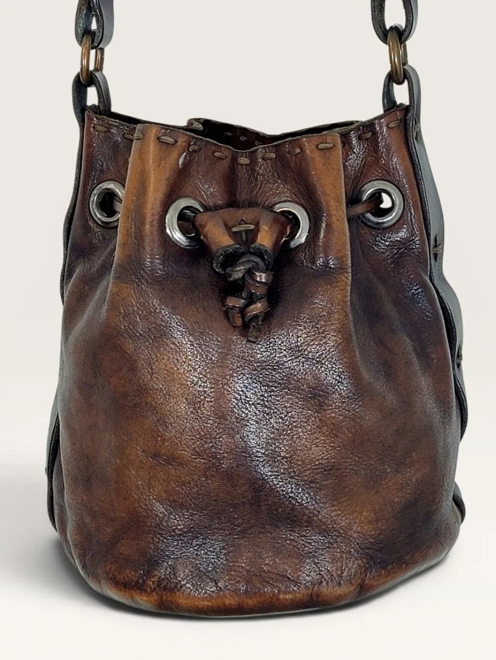 Campomaggi Italian Distressed Cognac Leather Cinch Top Mini Bucket Bag